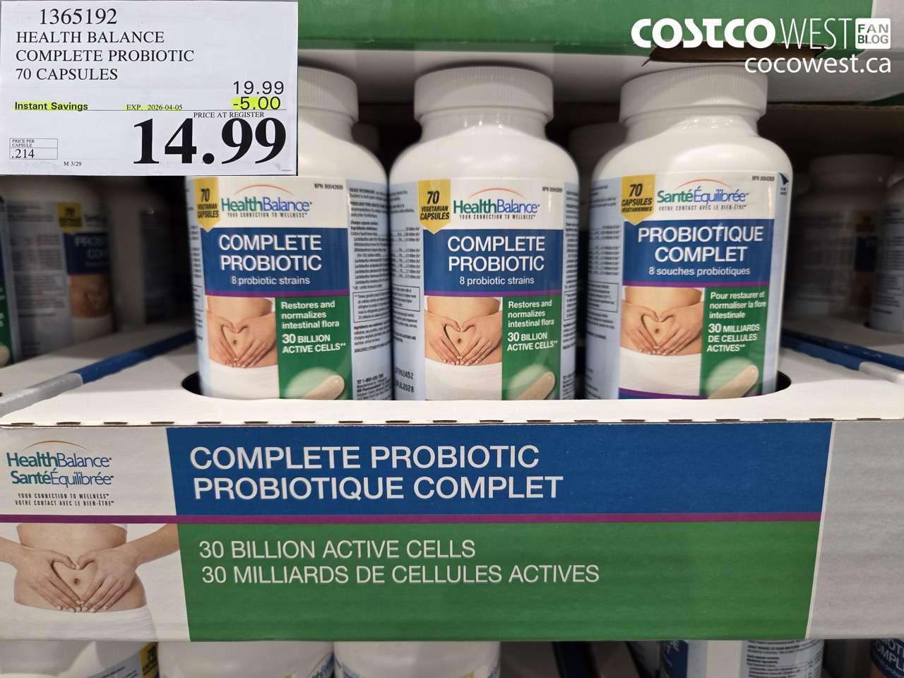 1365192 HEALTH BALANCE COMPLETE PROBIOTIC 70 CAPSULES ($5.00 INSTANT SAVINGS EXPIRES ON 2026-04-05) $14.99