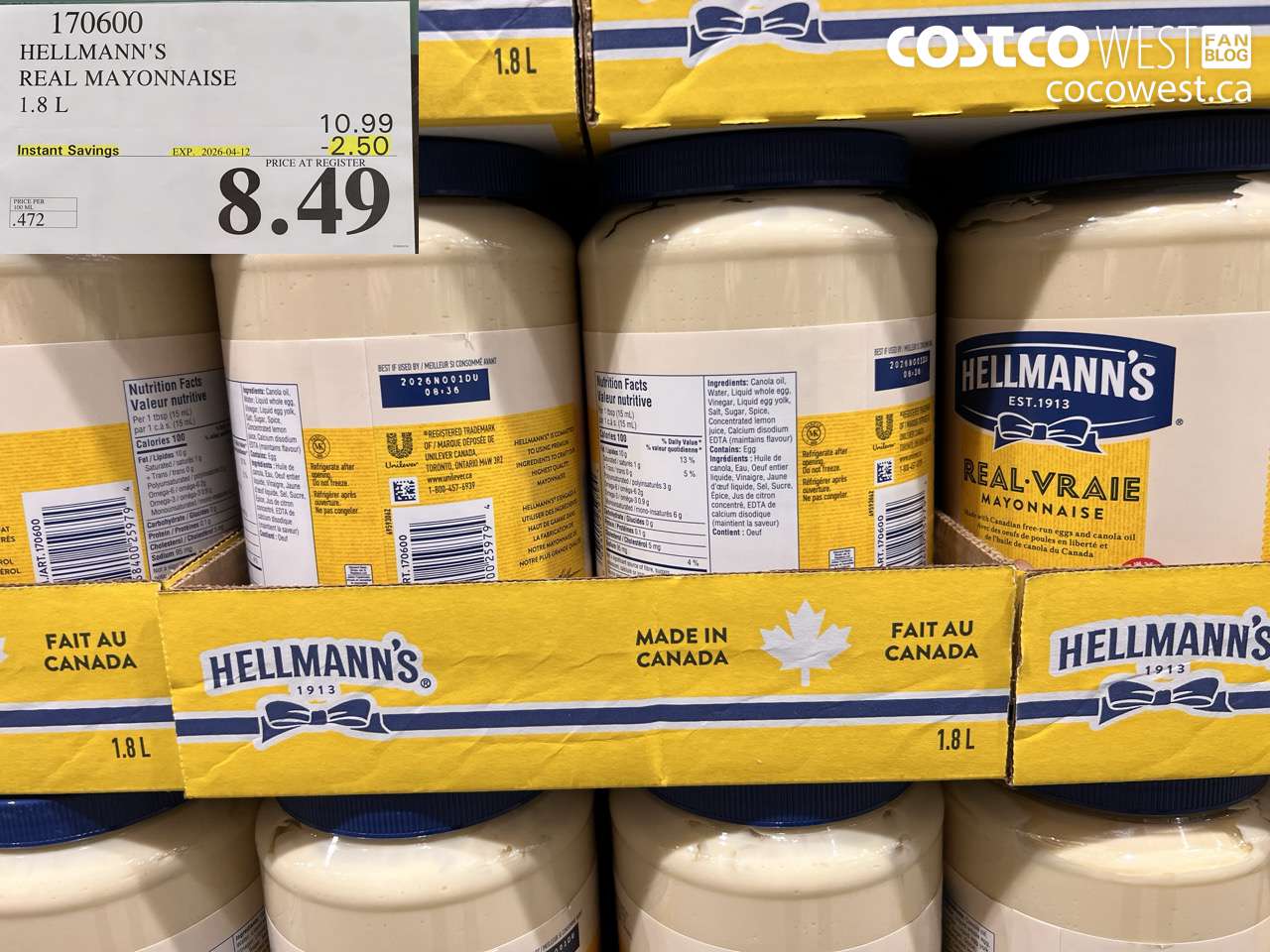 170600 HELLMANN'S REAL MAYONNAISE 1.8 L ($2.50 INSTANT SAVINGS EXPIRES ON 2026-04-12) $8.49