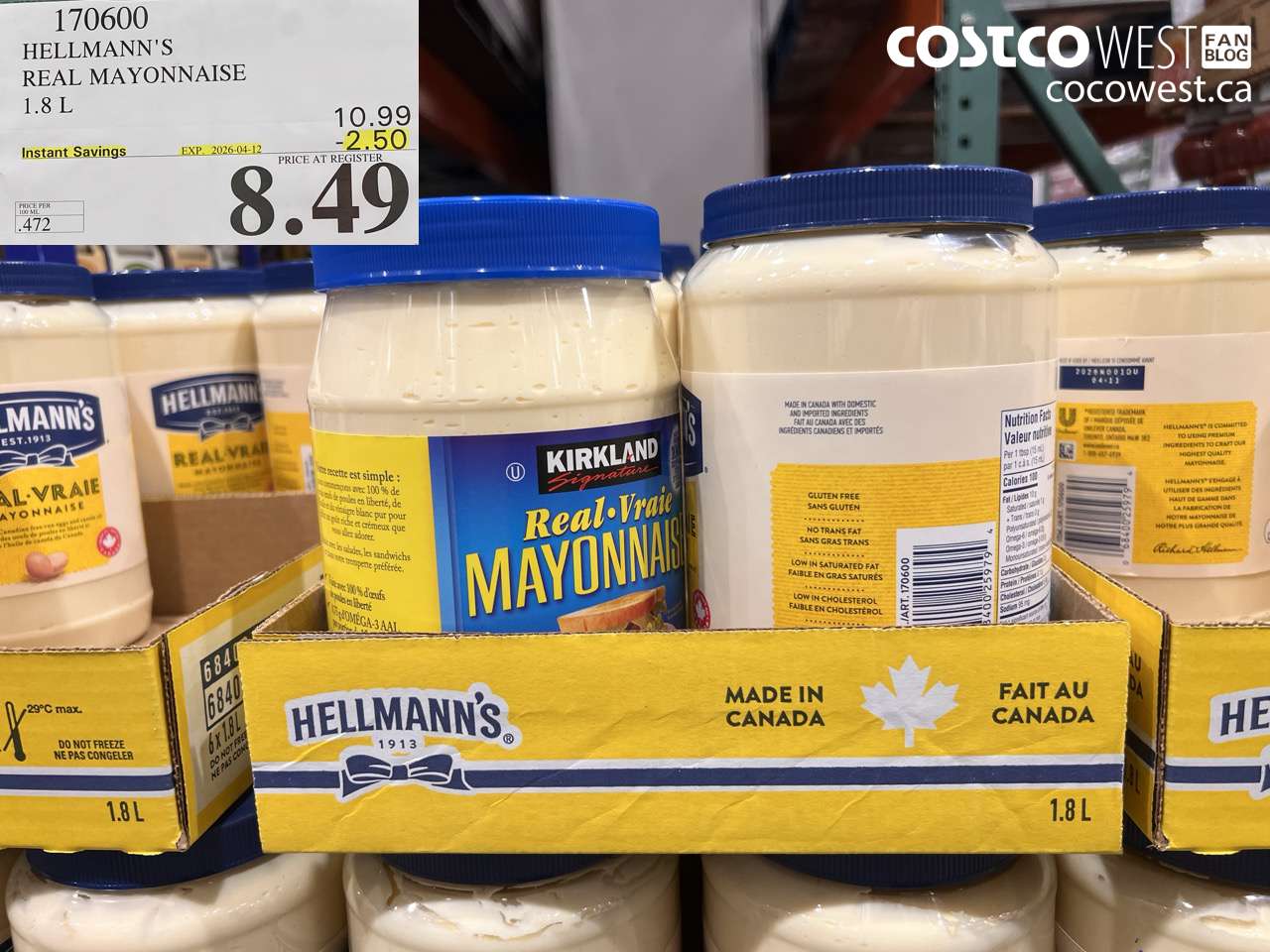 170600 HELLMANN'S REAL MAYONNAISE 1.8 L ($2.50 INSTANT SAVINGS EXPIRES ON 2026-04-12) $8.49