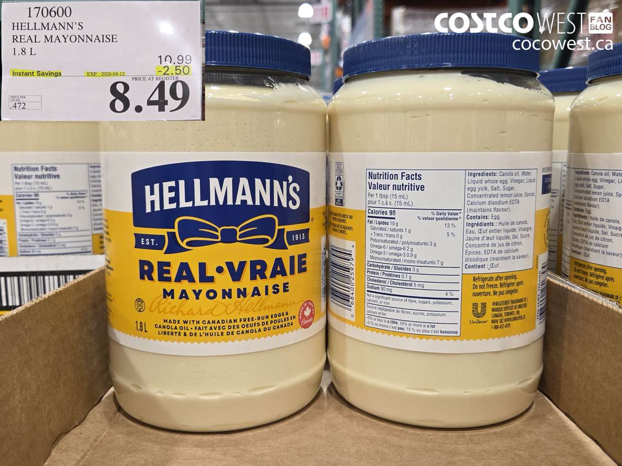 170600 HELLMANN'S REAL MAYONNAISE 1.8 L ($2.50 INSTANT SAVINGS EXPIRES ON 2026-04-12) $8.49