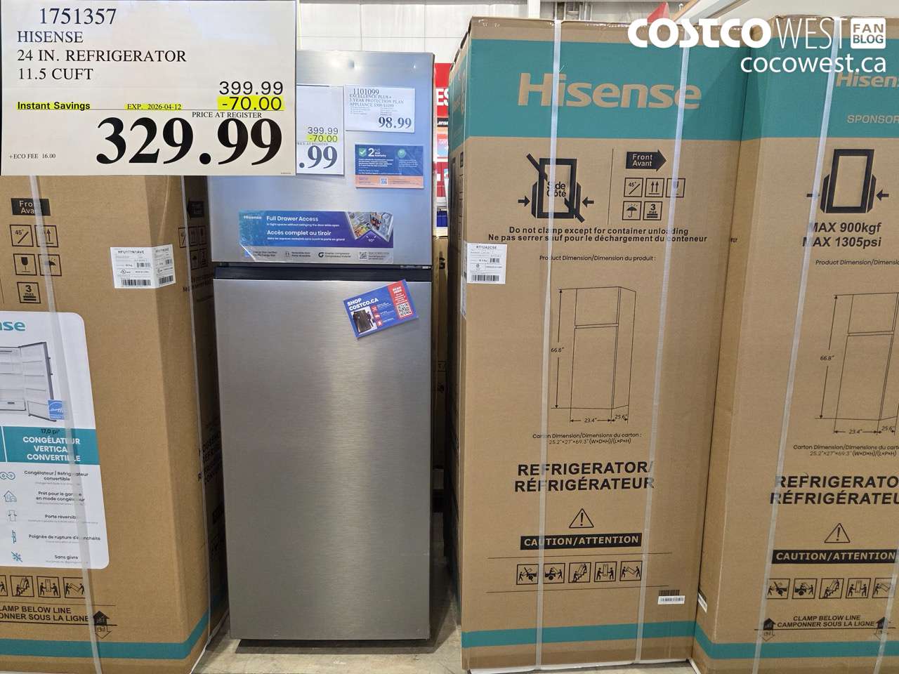 1751357 HISENSE 24 IN. REFRIGERATOR 11.5 CUFT ($70.00 INSTANT SAVINGS EXPIRES ON 2026-04-12) $329.99