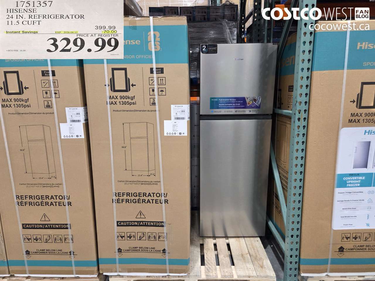 1751357 HISENSE 24 IN. REFRIGERATOR 11.5 CUFT ($70.00 INSTANT SAVINGS EXPIRES ON 2026-04-12) $329.99