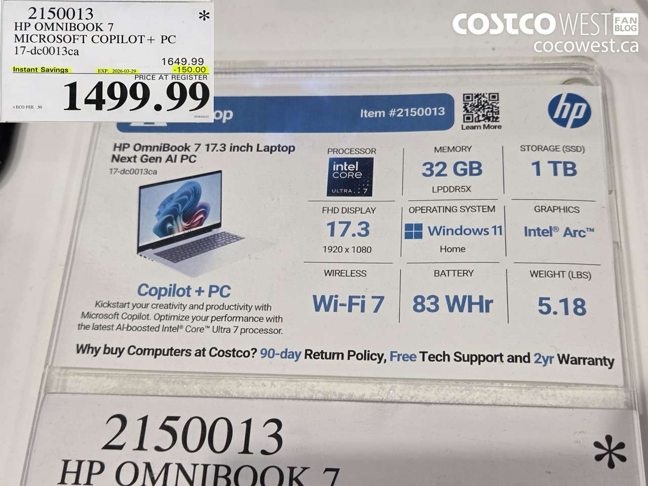 2150013 HP OMNIBOOK 7 MICROSOFT COPILOT + PC 17-DC0013CA ($150.00 INSTANT SAVINGS EXPIRES ON 2026-03-29) $1499.99