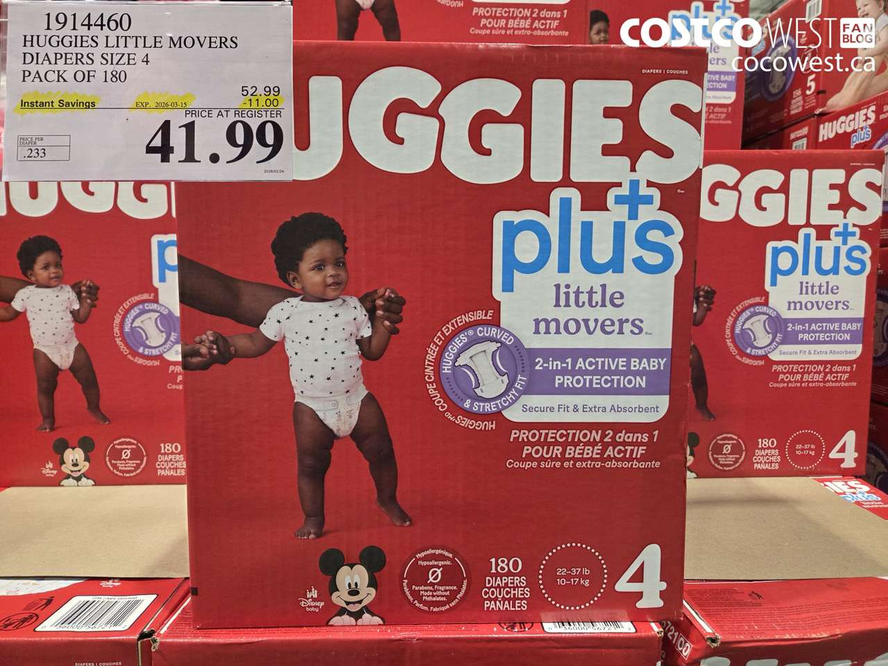 1914460 HUGGIES LITTLE MOVERS DIAPERS SIZE 4 PACK OF 180 ($11.00 INSTANT SAVINGS EXPIRES ON 2026-03-15) $41.99