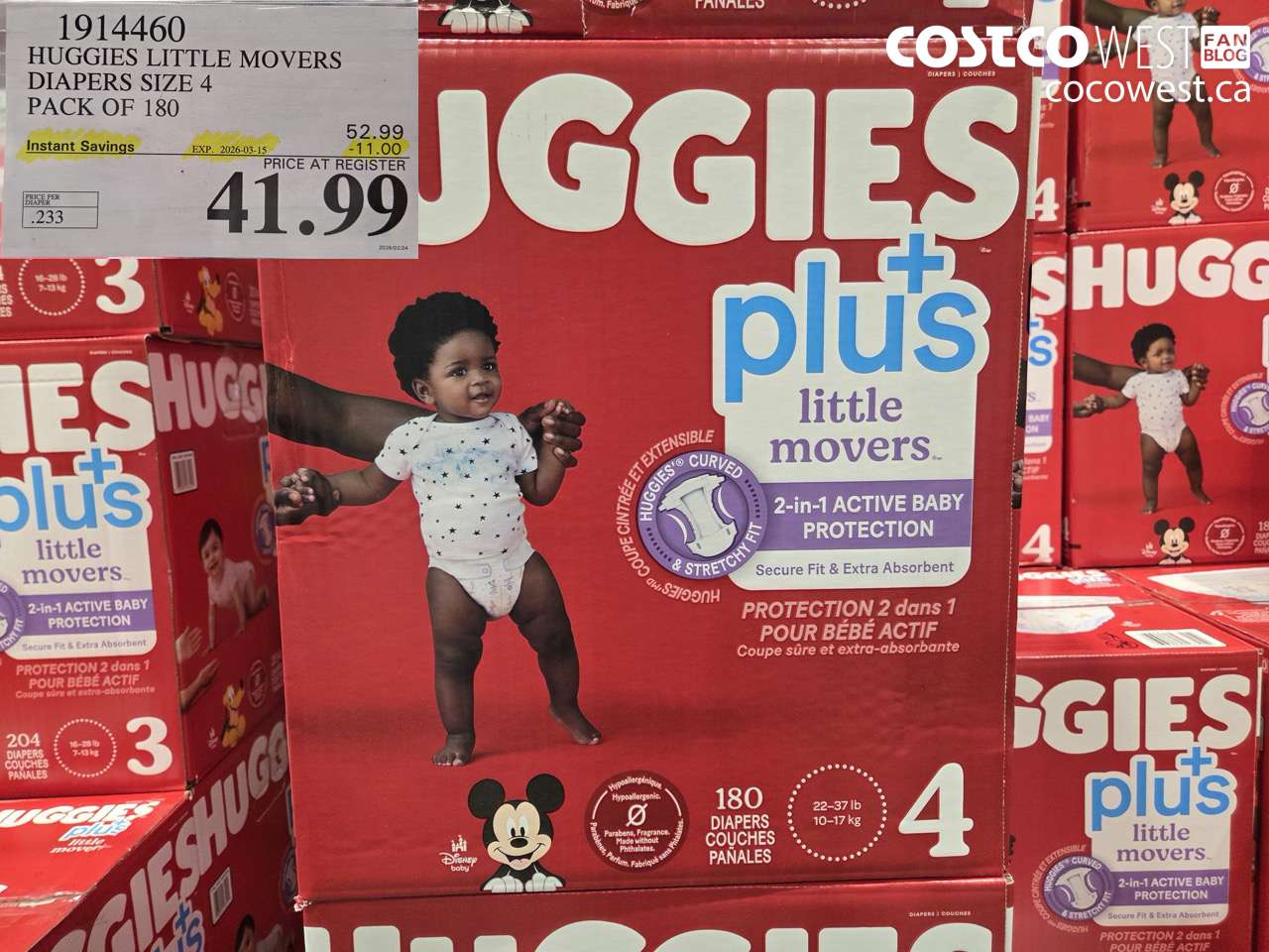 1914460 HUGGIES LITTLE MOVERS DIAPERS SIZE 4 PACK OF 180 ($11.00 INSTANT SAVINGS EXPIRES ON 2026-03-15) $41.99