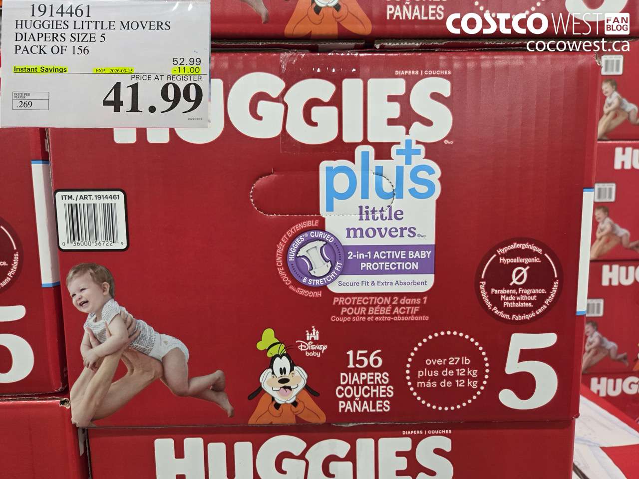 1914461 HUGGIES LITTLE MOVERS DIAPERS SIZE 5 PACK OF 156 ($11.00 INSTANT SAVINGS EXPIRES ON 2026-03-15) $41.99