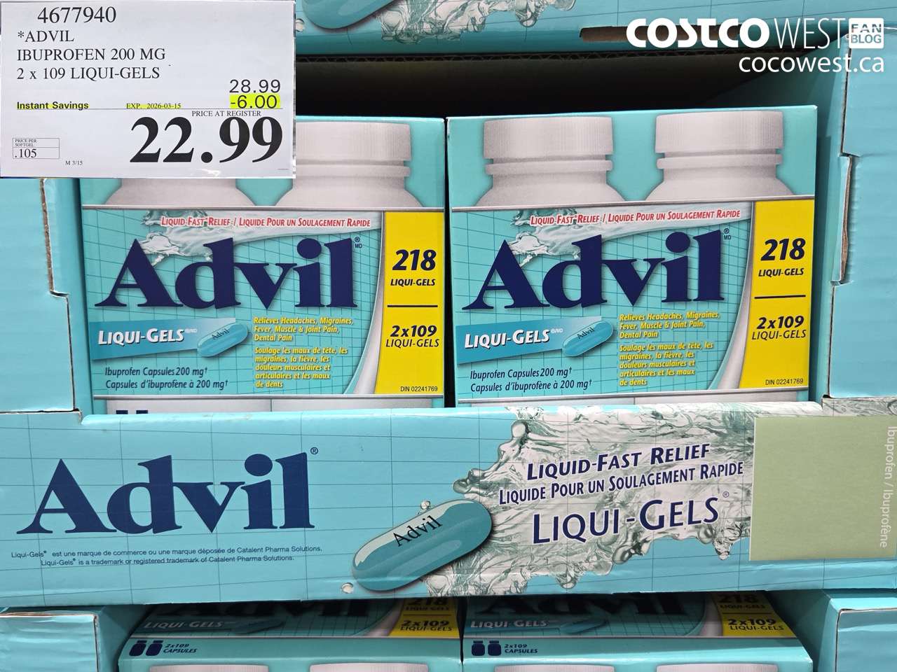 4677940 IBUPROFEN 200 MG 2 X 109 LIQUI-GELS ($6.00 INSTANT SAVINGS EXPIRES ON 2026-03-15) $22.99