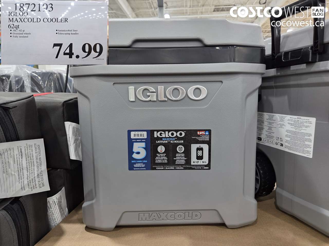1872193 IGLOO MAXCOLD COOLER 62QT $74.99
