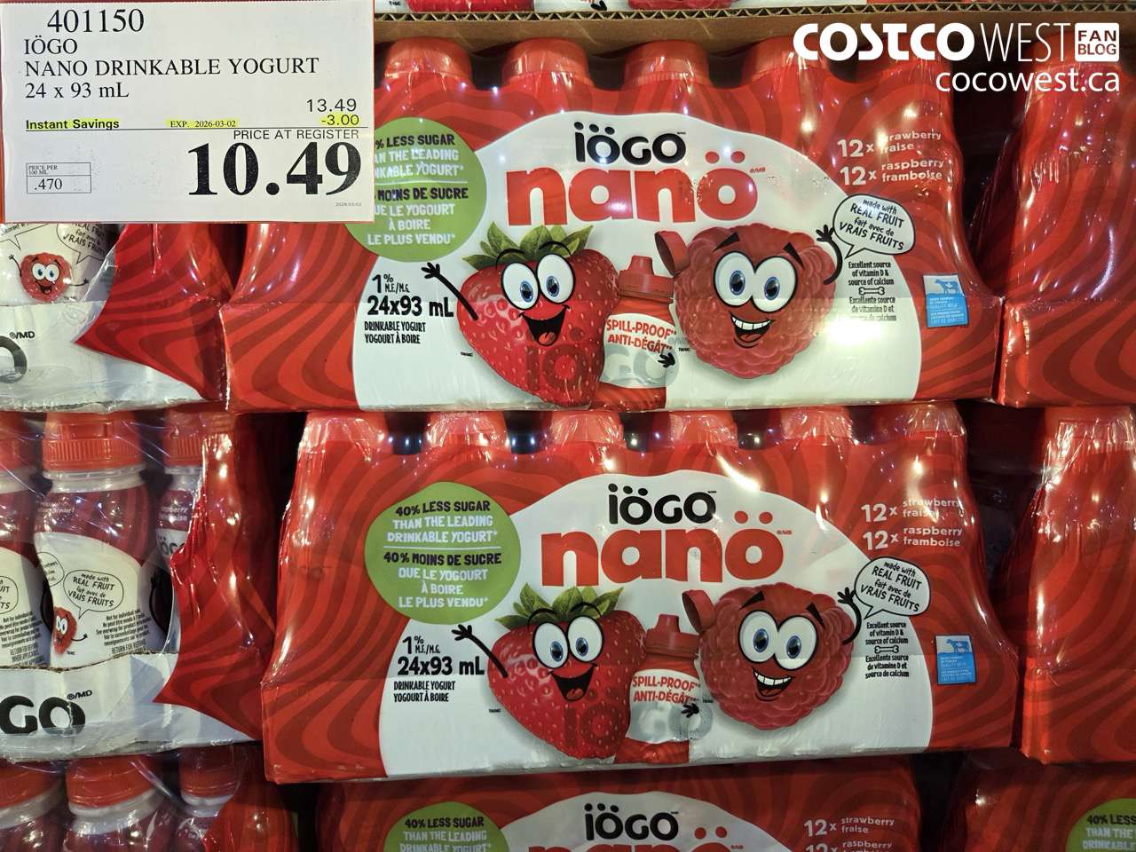 401150 IÖGO NANO DRINKABLE YOGURT 24 X 93 ML ($3.00 INSTANT SAVINGS EXPIRES ON 2026-03-02) $10.49