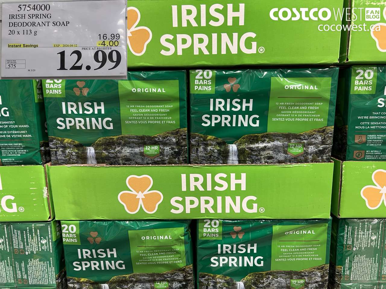 5754000 IRISH SPRING DEODORANT SOAP 20 X 113G ($4.00 INSTANT SAVINGS EXPIRES ON 2026-04-12) $12.99