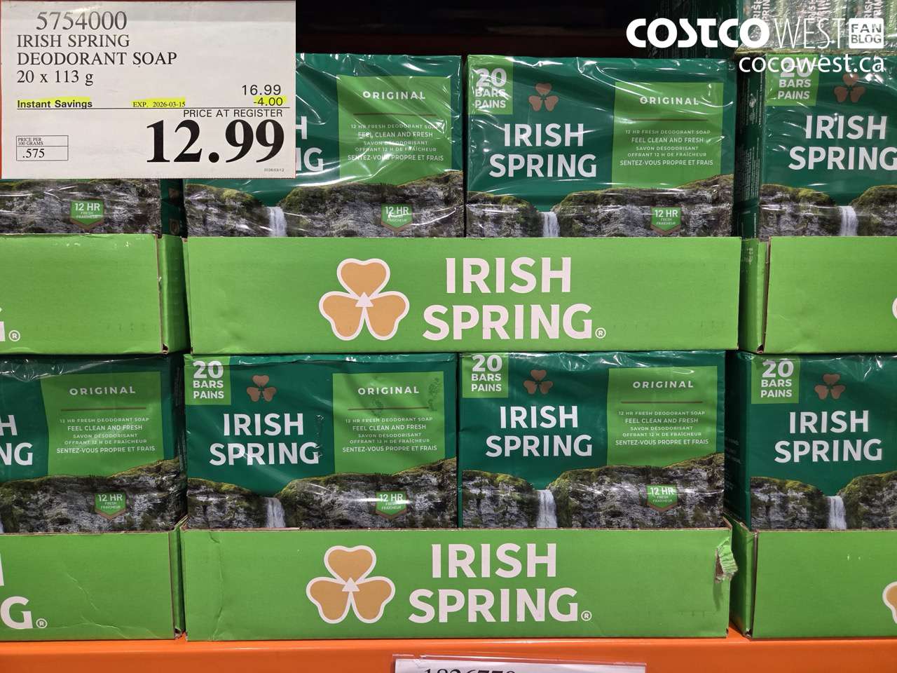 5754000 IRISH SPRING DEODORANT SOAP 20 X 113 G ($4.00 INSTANT SAVINGS EXPIRES ON 2026-03-15) $12.99