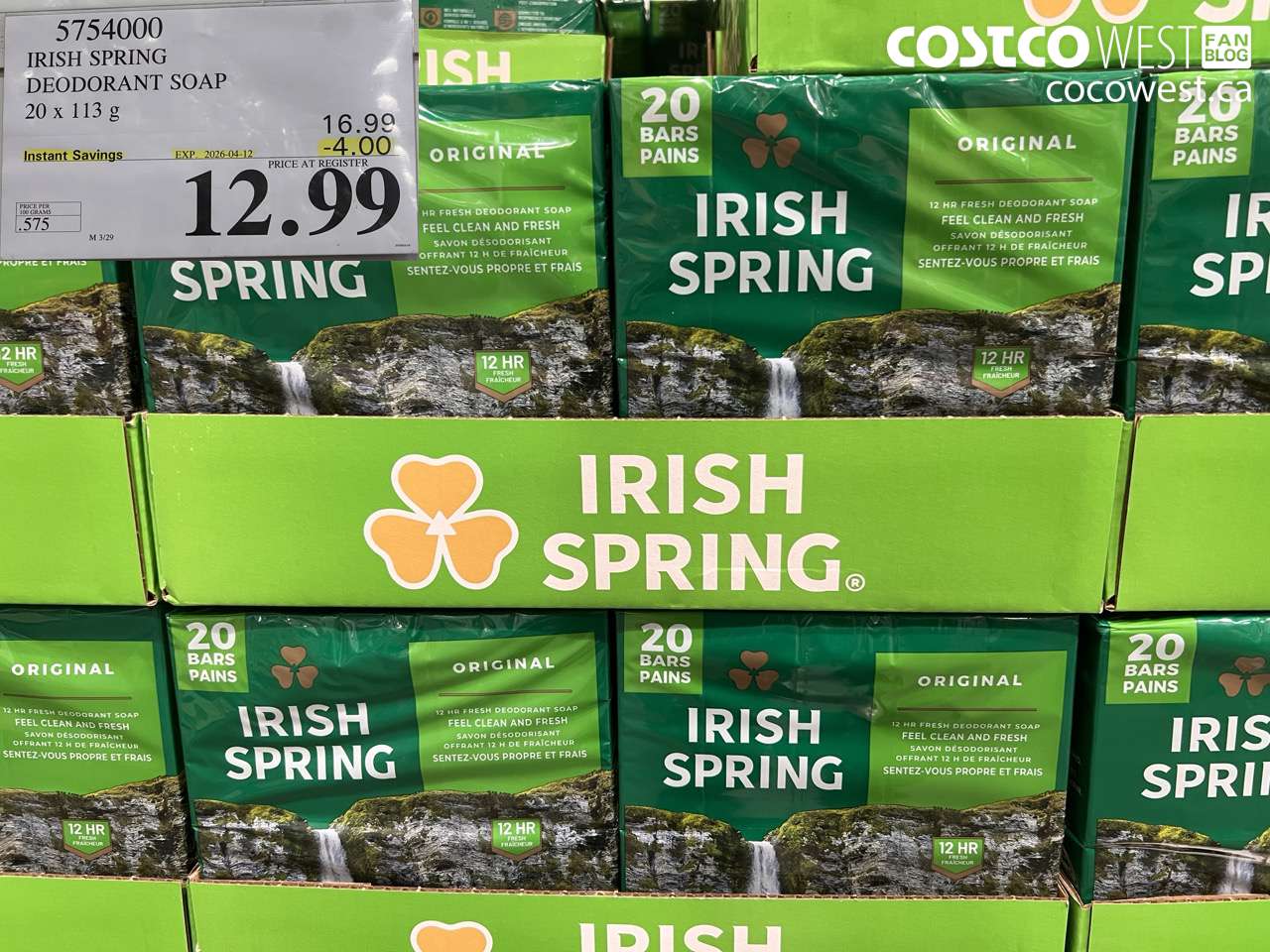 5754000 IRISH SPRING DEODORANT SOAP 20 X 113 G ($4.00 INSTANT SAVINGS EXPIRES ON 2026-04-12) $12.99