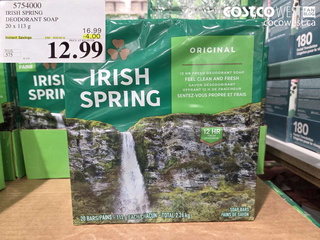 5754000 IRISH SPRING DEODORANT SOAP 20 X 113 G ($4.00 INSTANT SAVINGS EXPIRES ON 2026-04-12) $12.99