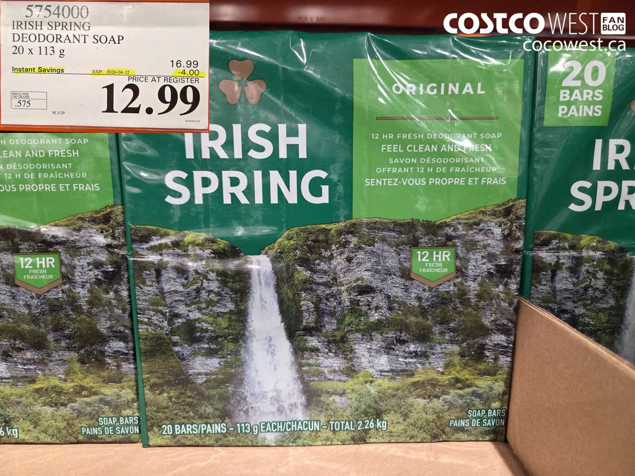 57554000 IRISH SPRING DEODORANT SOAP 20 X 113 G ($4.00 INSTANT SAVINGS EXPIRES ON 2026-04-12) $12.99