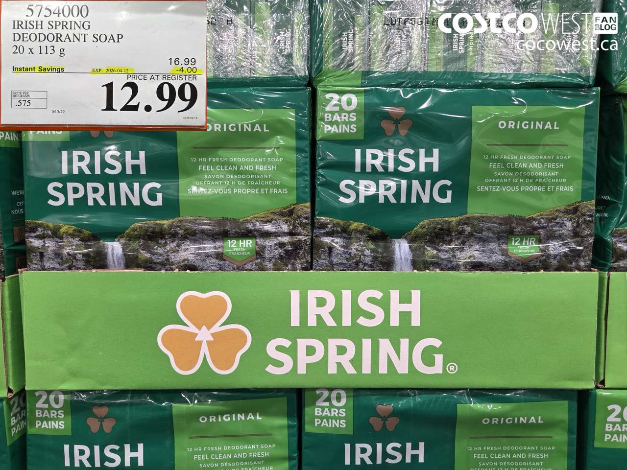 5754000 IRISH SPRING DEODORANT SOAP 20 X 113 G ($4.00 INSTANT SAVINGS EXPIRES ON 2026-04-12) $12.99