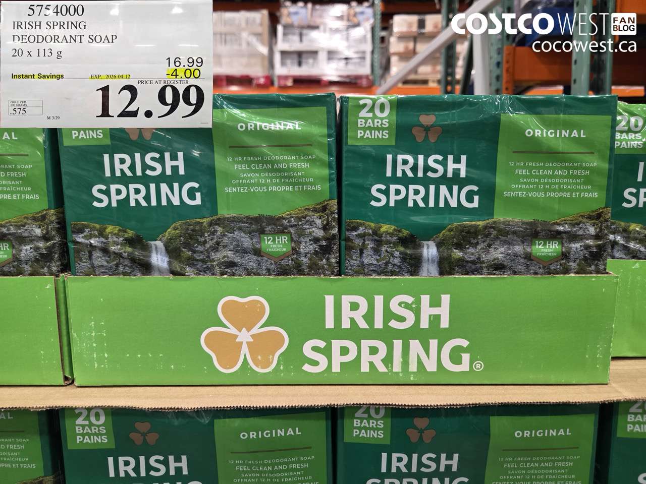 5754000 IRISH SPRING DEODORANT SOAP 20 X 113 G ($4.00 INSTANT SAVINGS EXPIRES ON 2026-04-12) $12.99