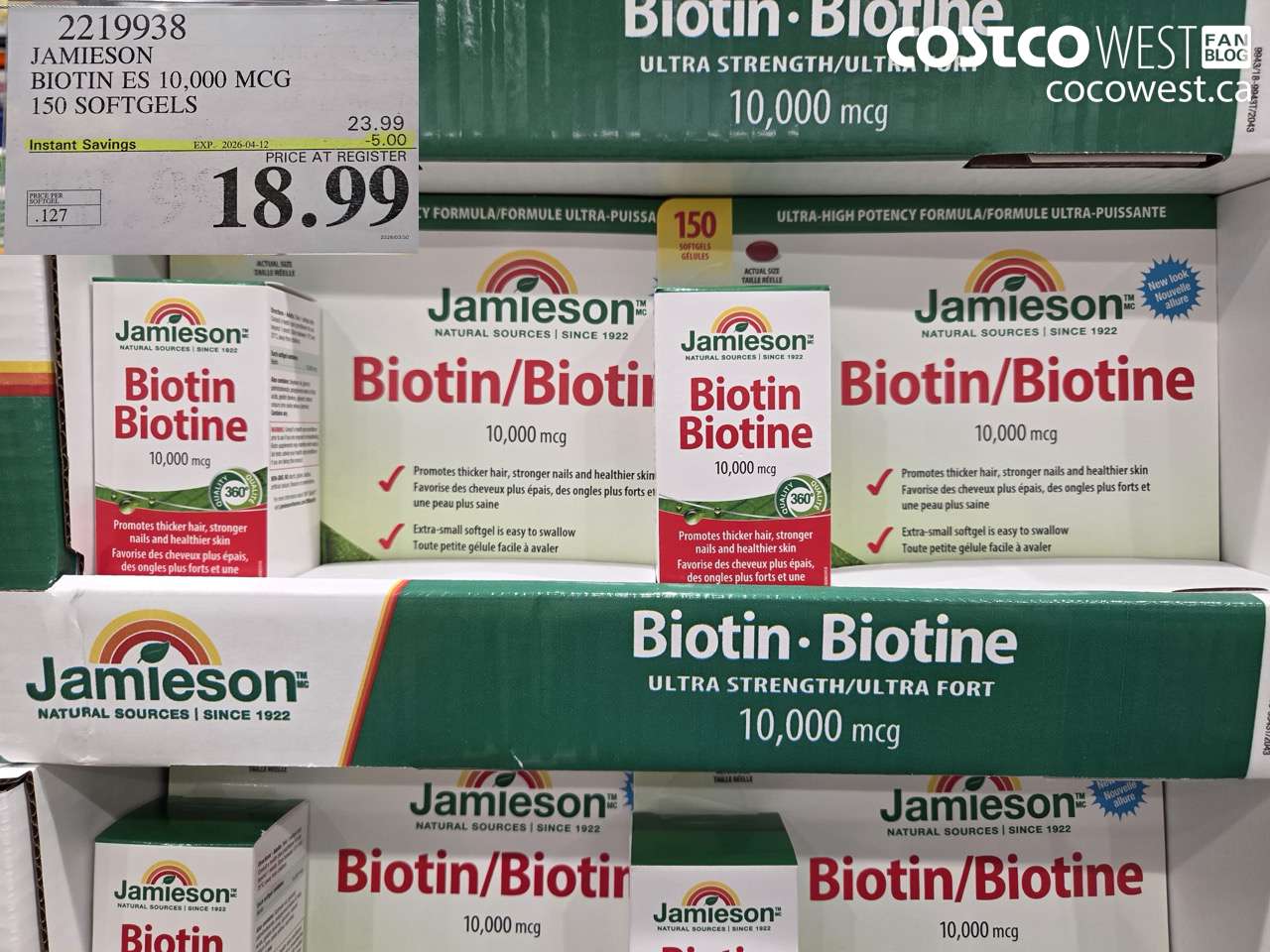 2219938 JAMIESON BIOTIN ES 10,000 MCG 150 SOFTGELS ($5.00 INSTANT SAVINGS EXPIRES ON 2026-04-12) $18.99