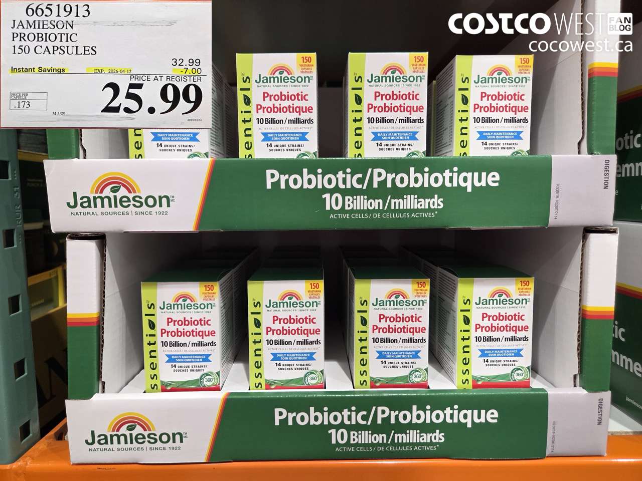 6651913 JAMIESON PROBIOTIC 150 CAPSULES ($7.00 INSTANT SAVINGS EXPIRES ON 2026-04-12) $25.99
