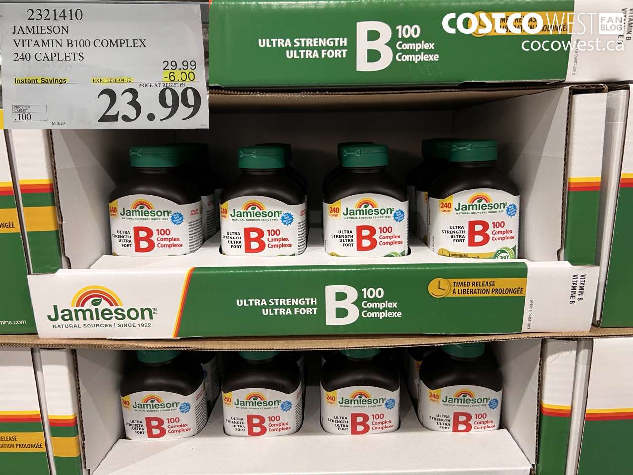 2321410 JAMIESON VITAMIN B100 COMPLEX 240 CAPLETS ($6.00 INSTANT SAVINGS EXPIRES ON 2026-04-12) $23.99