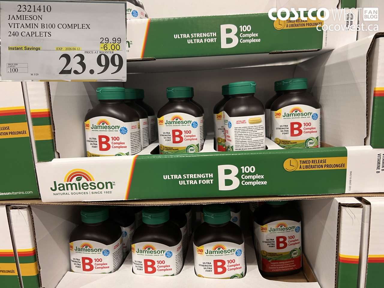 2321410 JAMIESON VITAMIN B100 COMPLEX 240 CAPLETS ($6.00 INSTANT SAVINGS EXPIRES ON 2026-04-12) $23.99