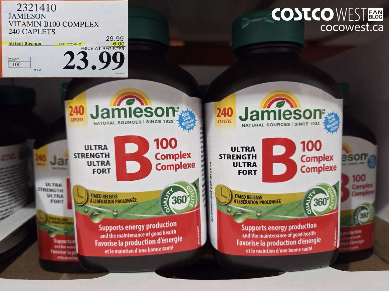 2321410 JAMIESON VITAMIN B100 COMPLEX 240 CAPLETS ($6.00 INSTANT SAVINGS EXPIRES ON 2026-04-12) $23.99