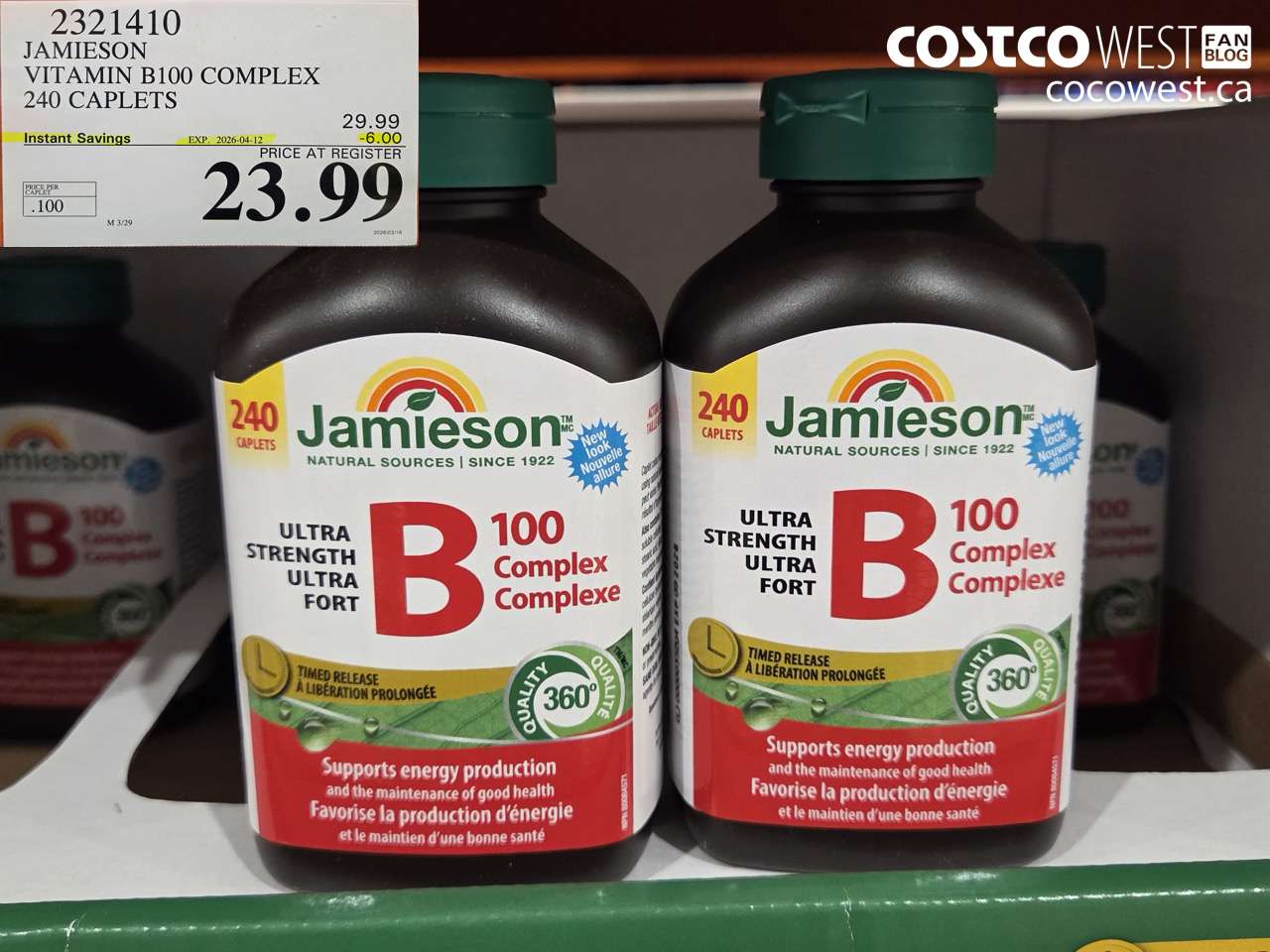 2321410 JAMIESON VITAMIN B100 COMPLEX 240 CAPLETS ($6.00 INSTANT SAVINGS EXPIRES ON 2026-04-12) $23.99
