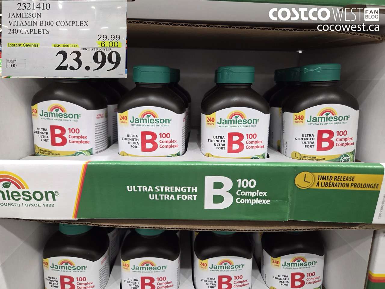 2321410 JAMIESON VITAMIN B100 COMPLEX 240 CAPLETS ($6.00 INSTANT SAVINGS EXPIRES ON 2026-04-12) $23.99