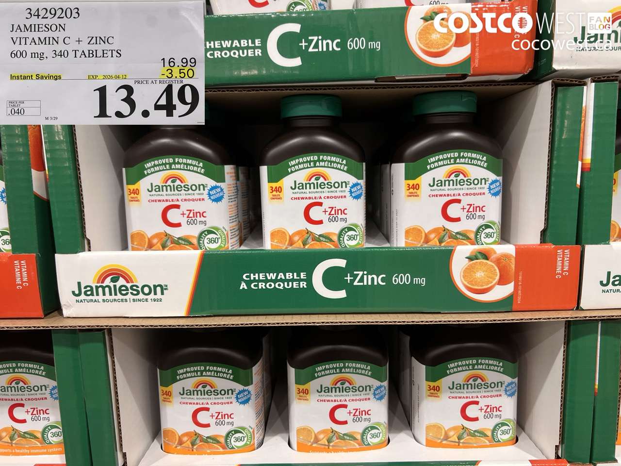 3429203 JAMIESON VITAMIN C + ZINC 600 MG, 340 TABLETS ($3.50 INSTANT SAVINGS EXPIRES ON 2026-04-12) $13.49