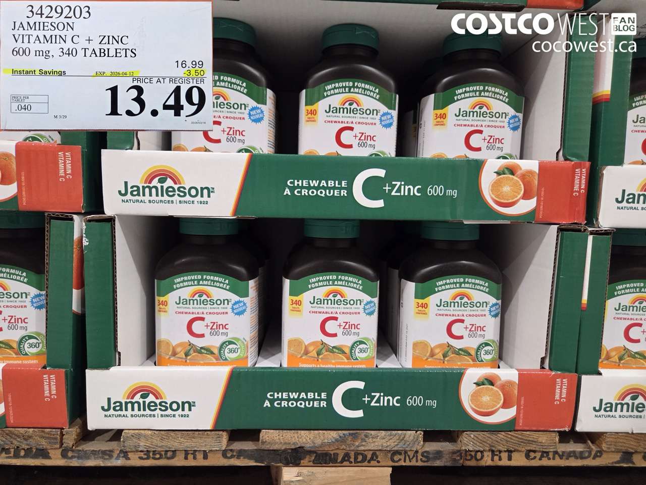 3429203 JAMIESON VITAMIN C + ZINC 600 MG, 340 TABLETS ($3.50 INSTANT SAVINGS EXPIRES ON 2026-04-12) $13.49