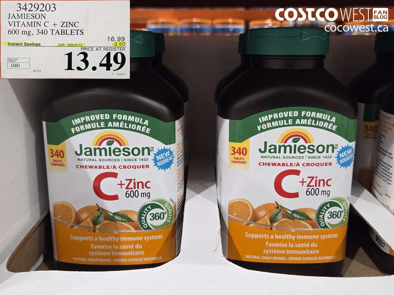 3429203 JAMIESON VITAMIN C + ZINC 600 MG, 340 TABLETS ($3.50 INSTANT SAVINGS EXPIRES ON 2026-04-12) $13.49