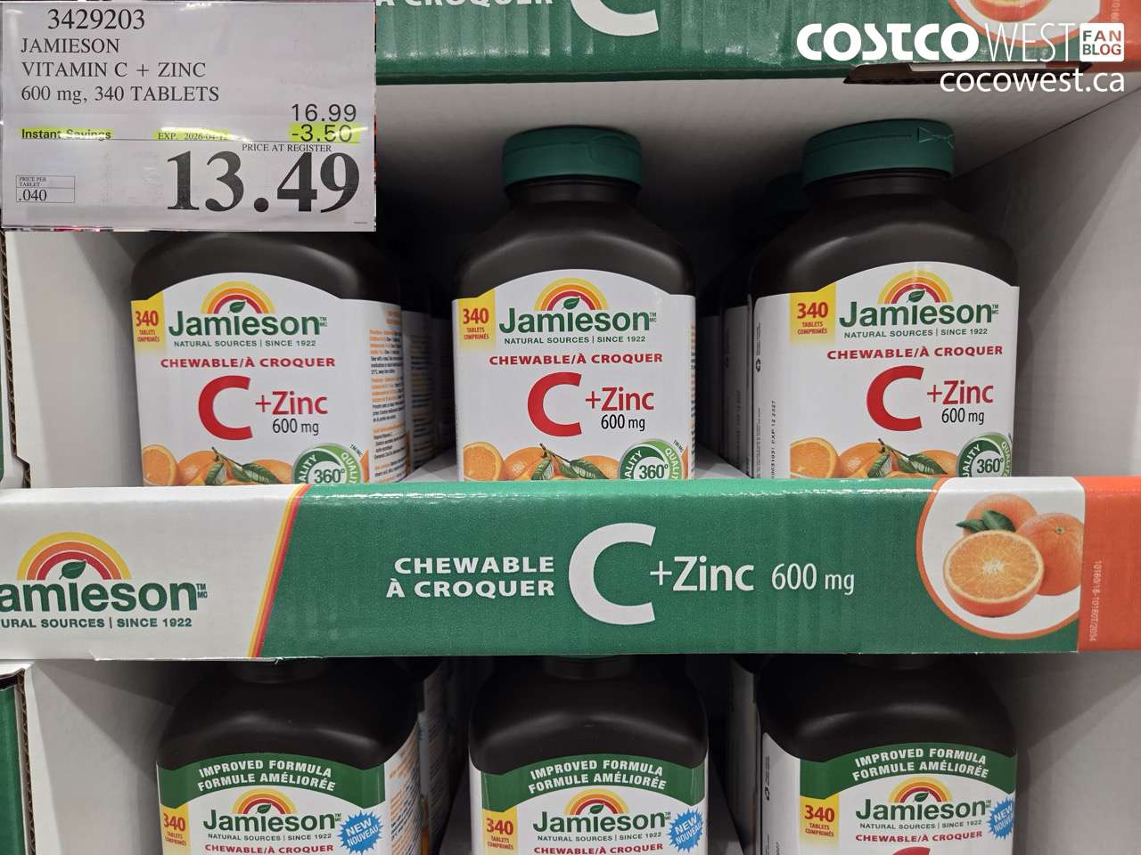 3429203 JAMIESON VITAMIN C + ZINC 600 MG, 340 TABLETS ($3.50 INSTANT SAVINGS EXPIRES ON 2026-04-12) $13.49