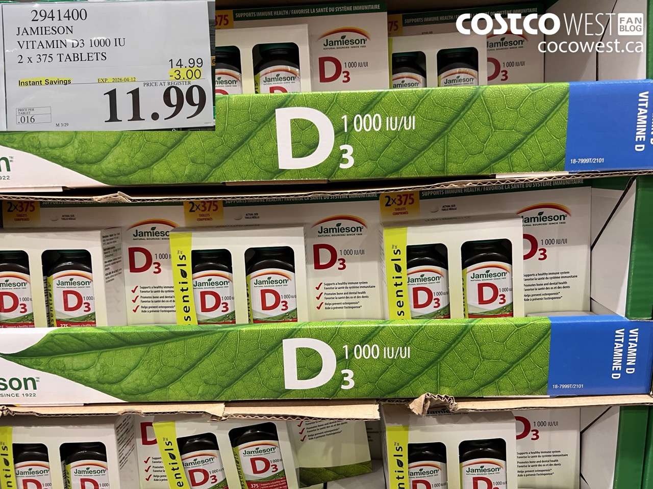 2941400 JAMIESON VITAMIN D3 1000 IU 2 X 375 TABLETS ($3.00 INSTANT SAVINGS EXPIRES ON 2026-04-12) $11.99