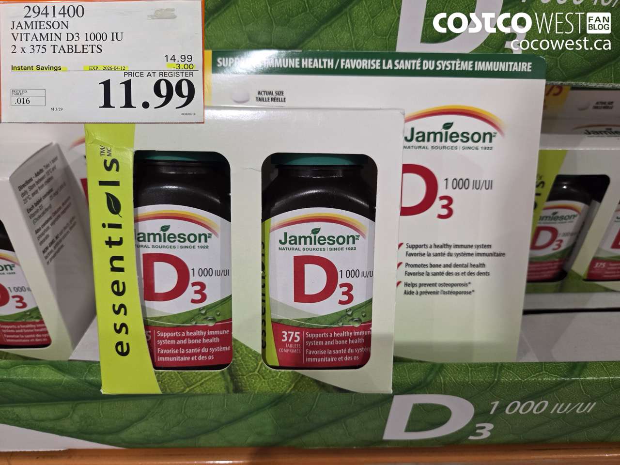 2941400 JAMIESON VITAMIN D3 1000 IU 2 X 375 TABLETS ($3.00 INSTANT SAVINGS EXPIRES ON 2026-04-12) $11.99
