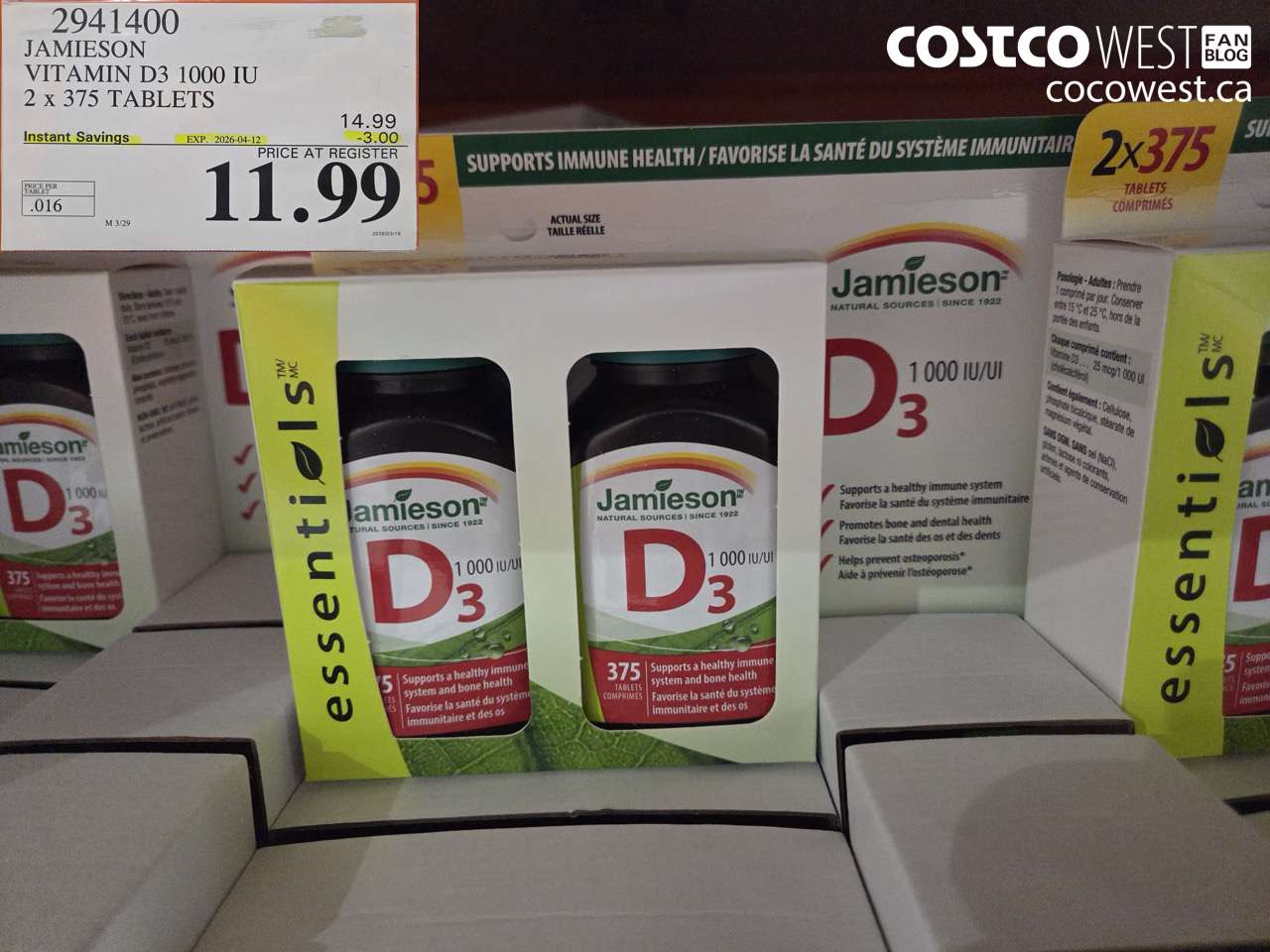 2941400 JAMIESON VITAMIN D3 1000 IU 2 X 375 TABLETS ($3.00 INSTANT SAVINGS EXPIRES ON 2026-04-12) $11.99