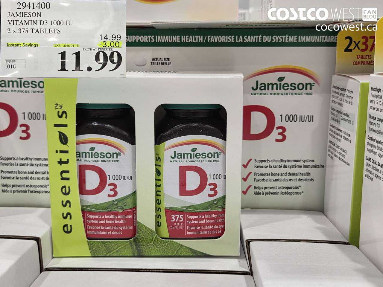 2941400 JAMIESON VITAMIN D3 1000 IU 2 X 375 TABLETS ($3.00 INSTANT SAVINGS EXPIRES ON 2026-04-12) $11.99