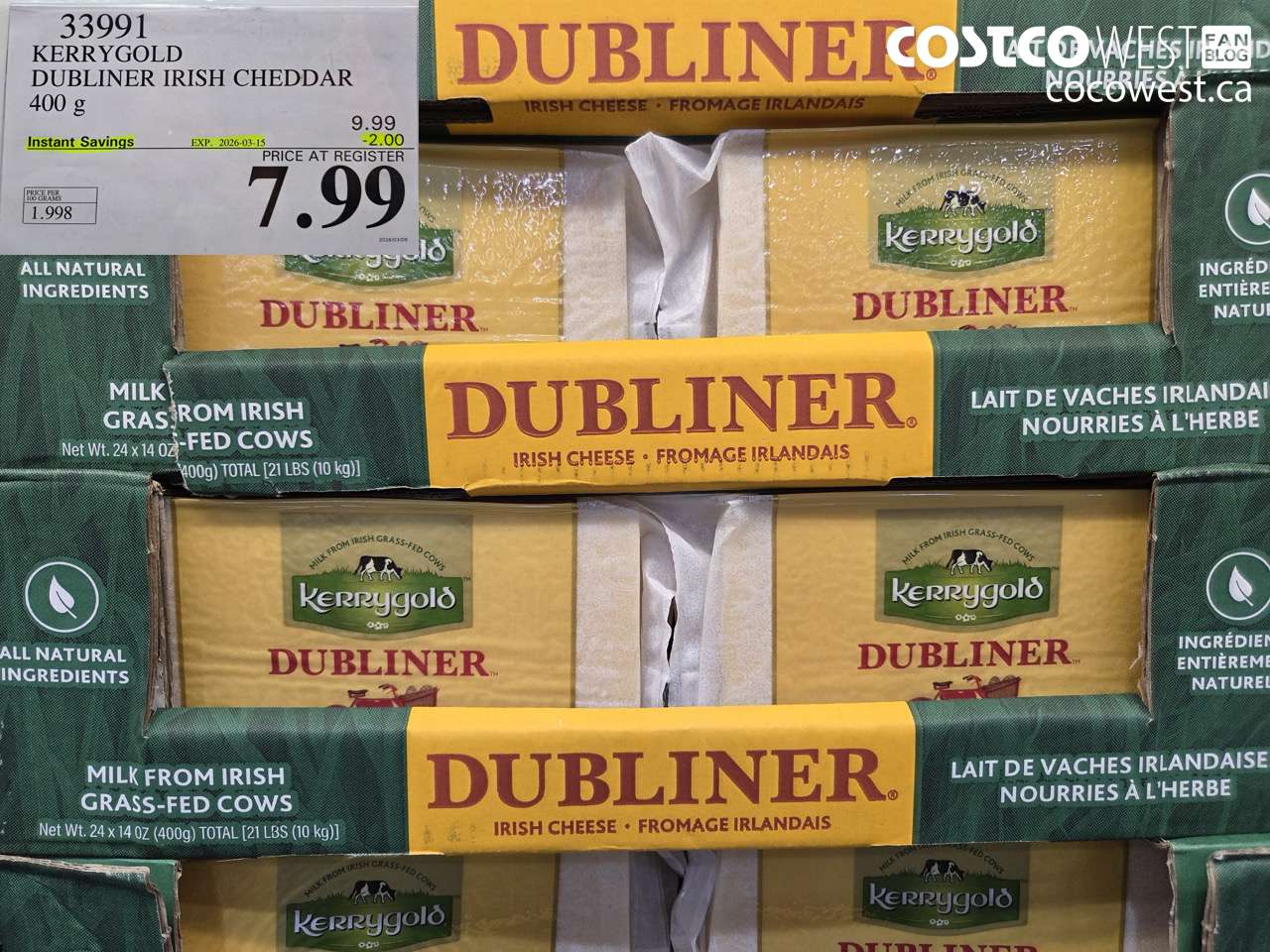 33991 KERRYGOLD DUBLINER IRISH CHEDDAR 400 G ($2.00 INSTANT SAVINGS EXPIRES ON 2026-03-15) $7.99