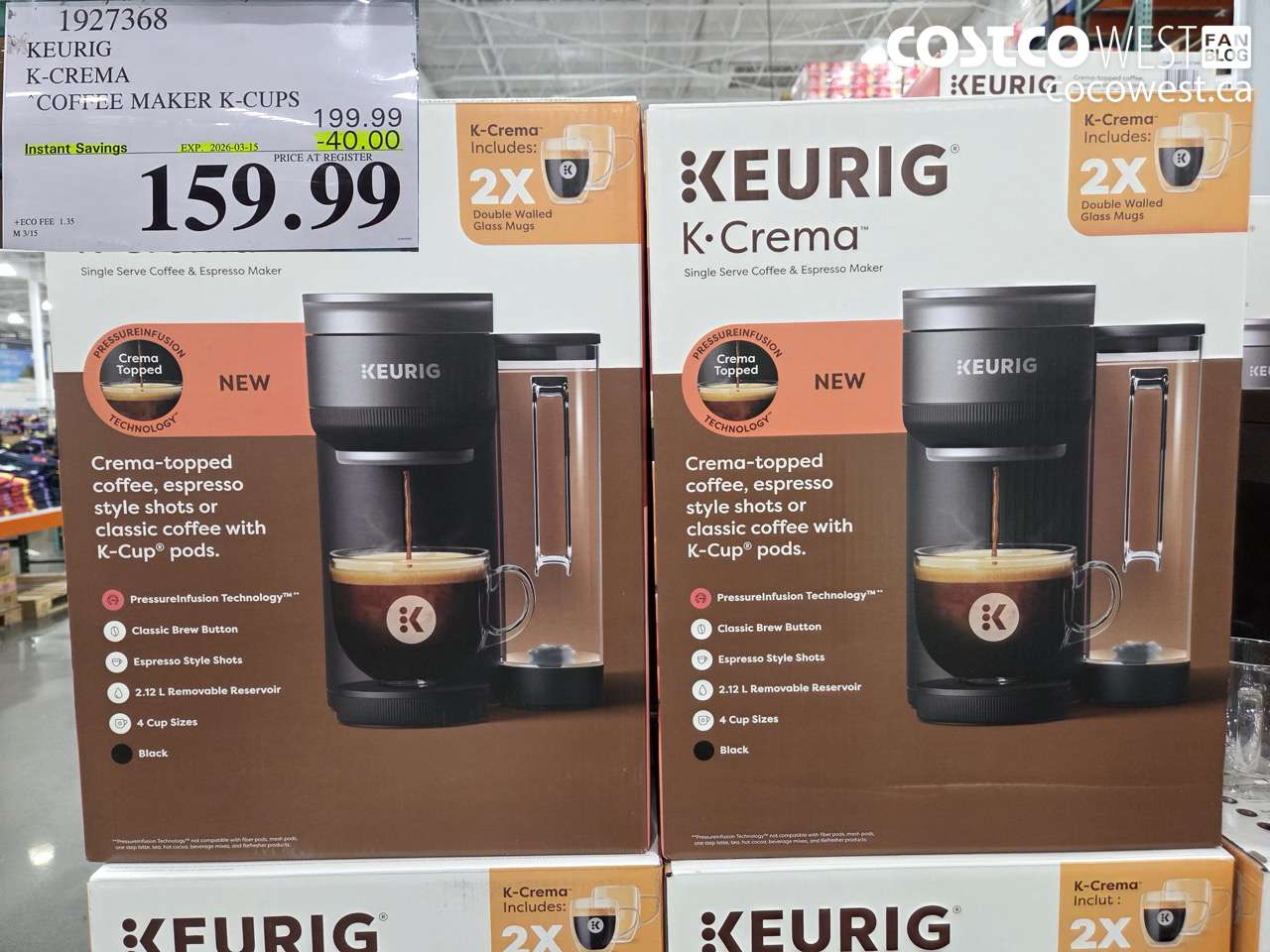 1927368 KEURIG K-CREMA COFFEE MAKER K-CUPS ($40.00 INSTANT SAVINGS EXPIRES ON 2026-03-15) $159.99