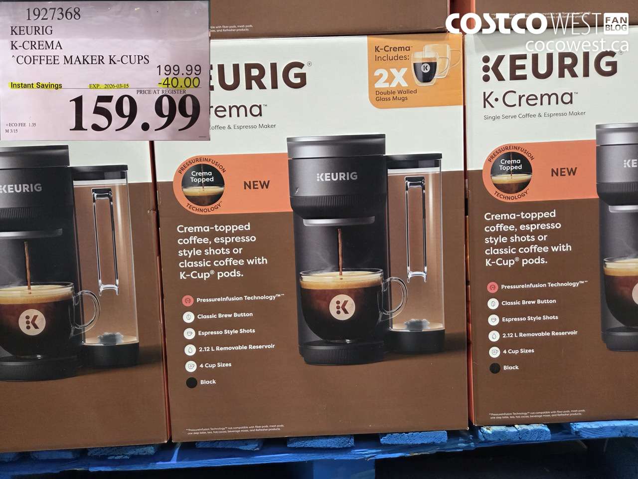 1927368 KEURIG K-CREMA COFFEE MAKER K-CUPS ($40.00 INSTANT SAVINGS EXPIRES ON 2026-03-15) $159.99