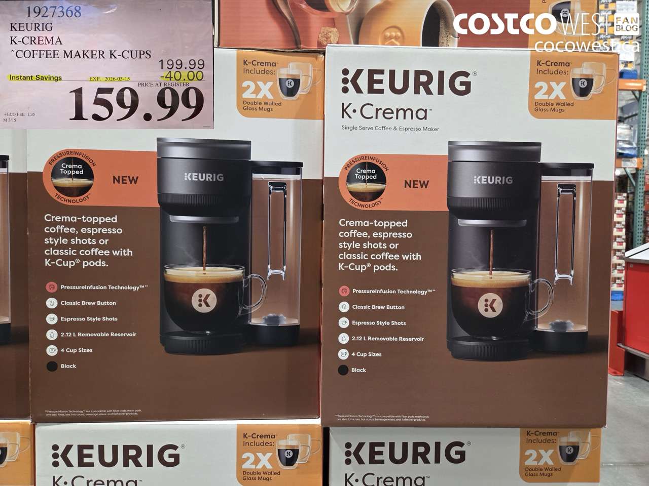 1927368 KEURIG K-CREMA COFFEE MAKER K-CUPS ($40.00 INSTANT SAVINGS EXPIRES ON 2026-03-15) $159.99