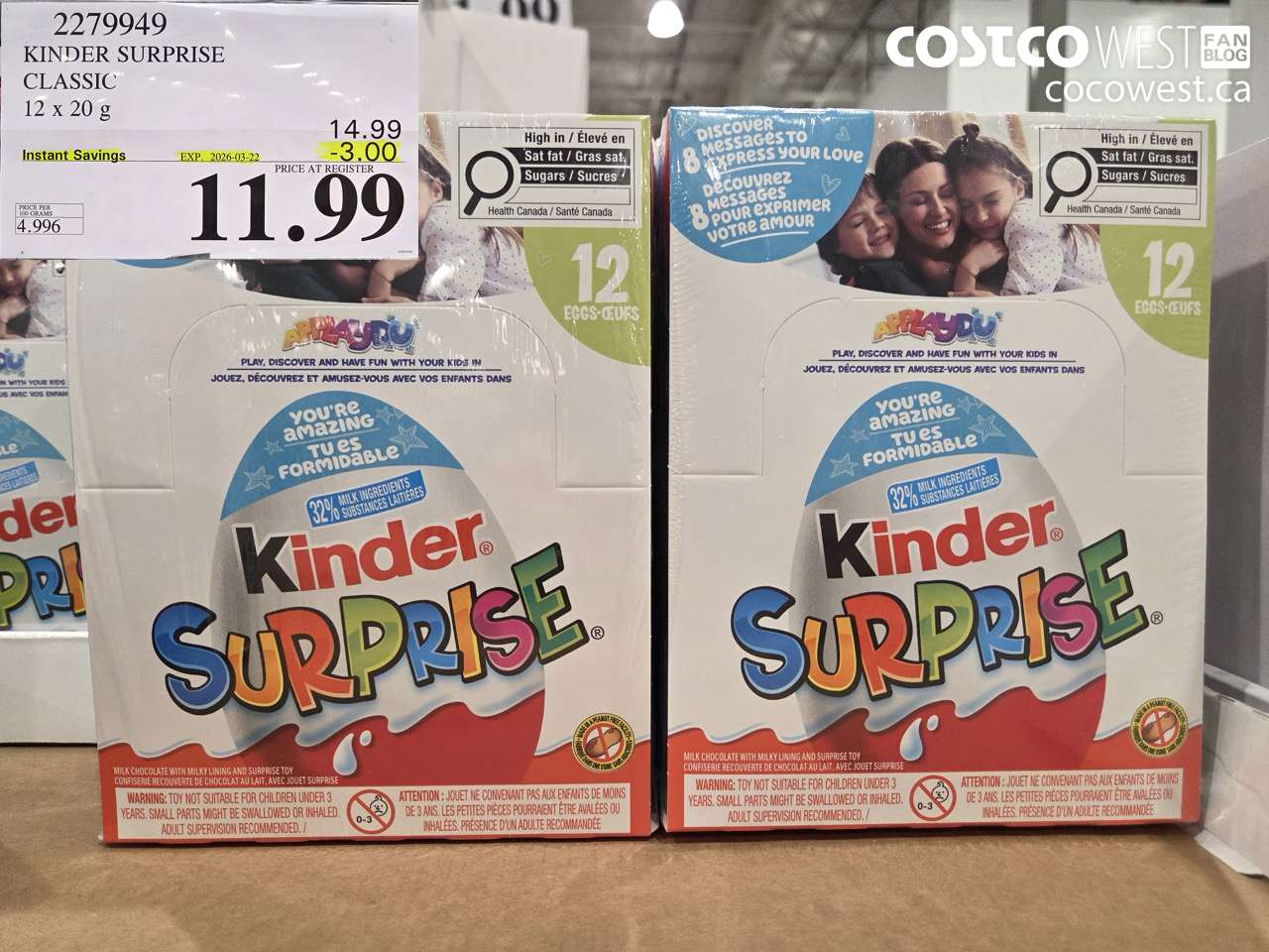 227949 KINDER SURPRISE CLASSIC 12 X 20 G ($3.00 INSTANT SAVINGS EXPIRES ON 2026-03-22) $11.99