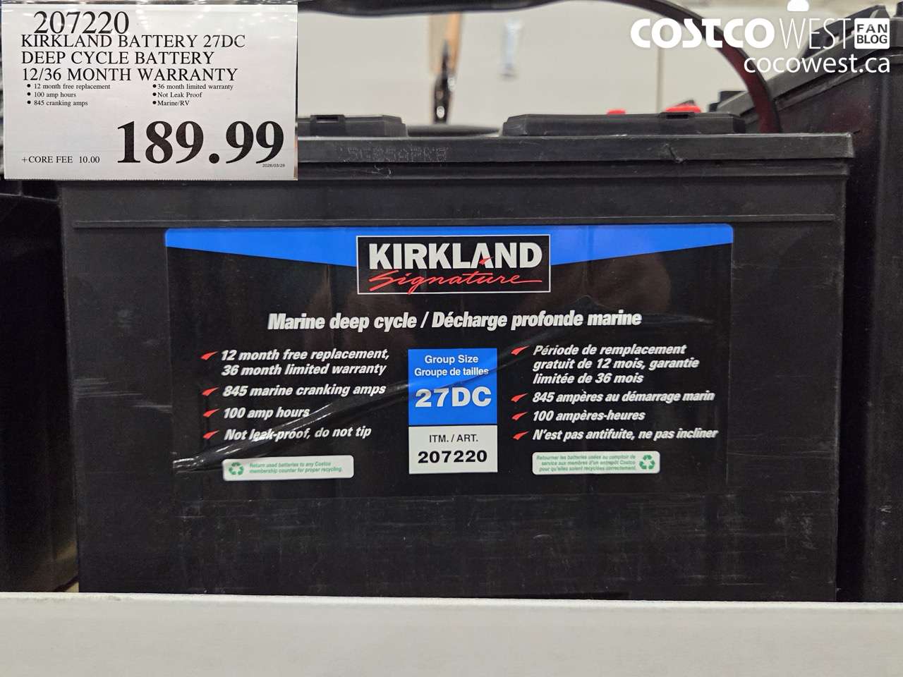 207220 KIRKLAND BATTERY 27DC DEEP CYCLE BATTERY 12/36 MONTH WARRANTY $189.99