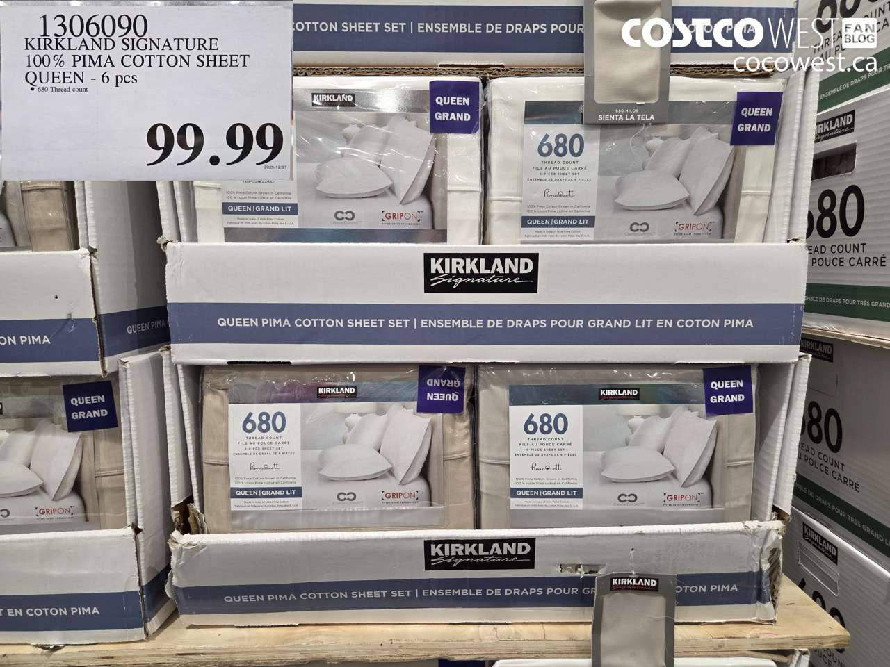 1306090 KIRKLAND SIGNATURE 100% PIMA COTTON SHEET QUEEN - 6 PCS $99.99