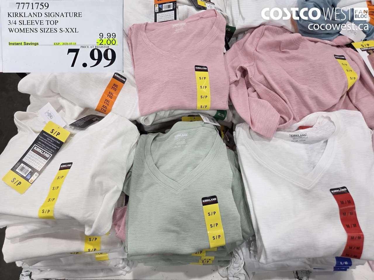 7771759 KIRKLAND SIGNATURE 3/4 SLEEVE TOP WOMENS SIZES S-XXL ($2.00 INSTANT SAVINGS EXPIRES ON 2026-03-15) $7.99