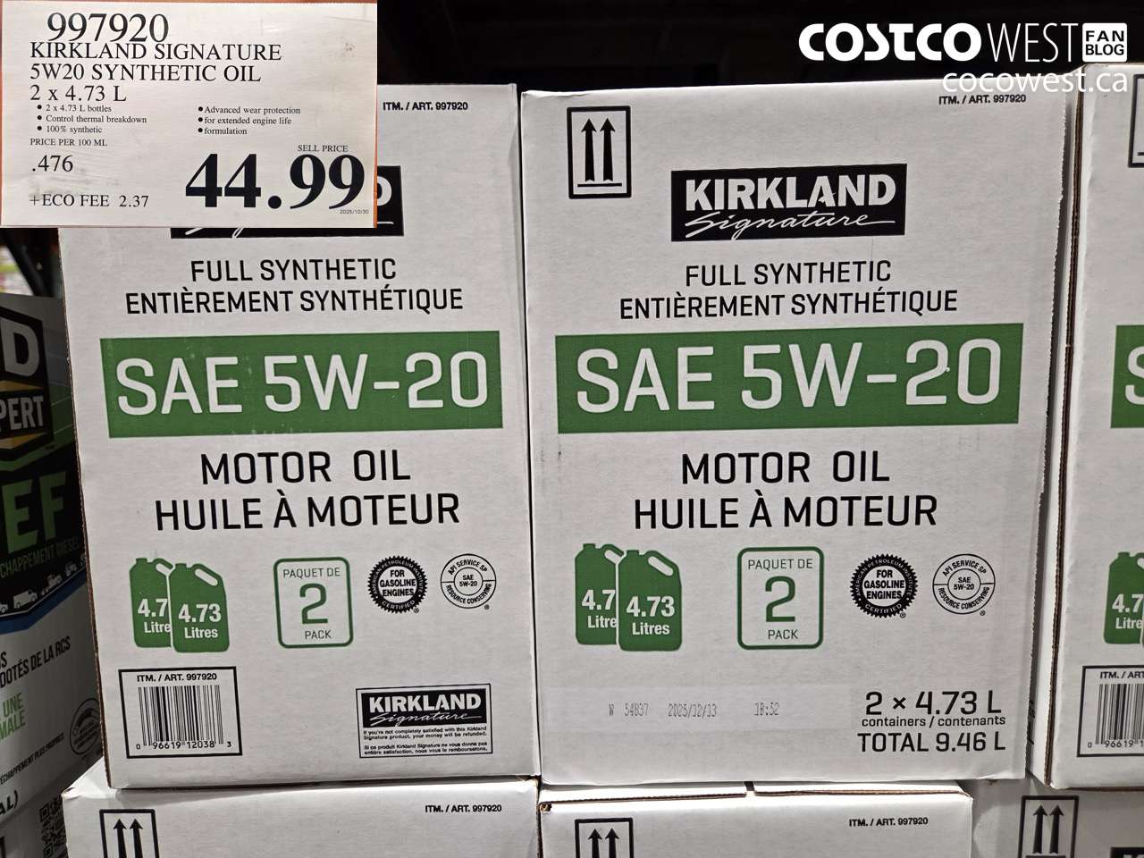 997920 KIRKLAND SIGNATURE 5W20 SYNTHETIC OIL 2 X 4.73 L $44.99