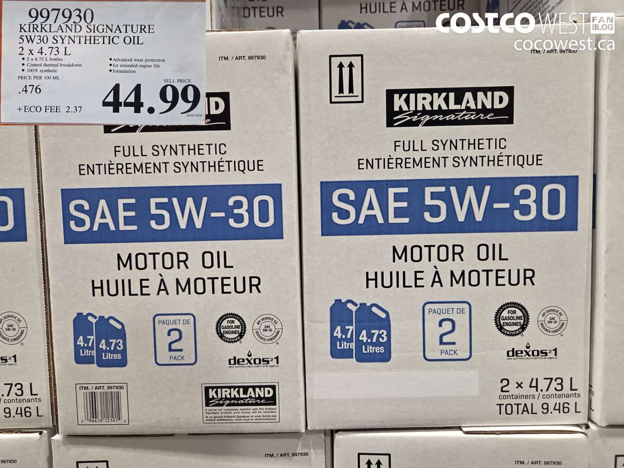 997930 KIRKLAND SIGNATURE 5W30 SYNTHETIC OIL 2 X 4.73 L $44.99