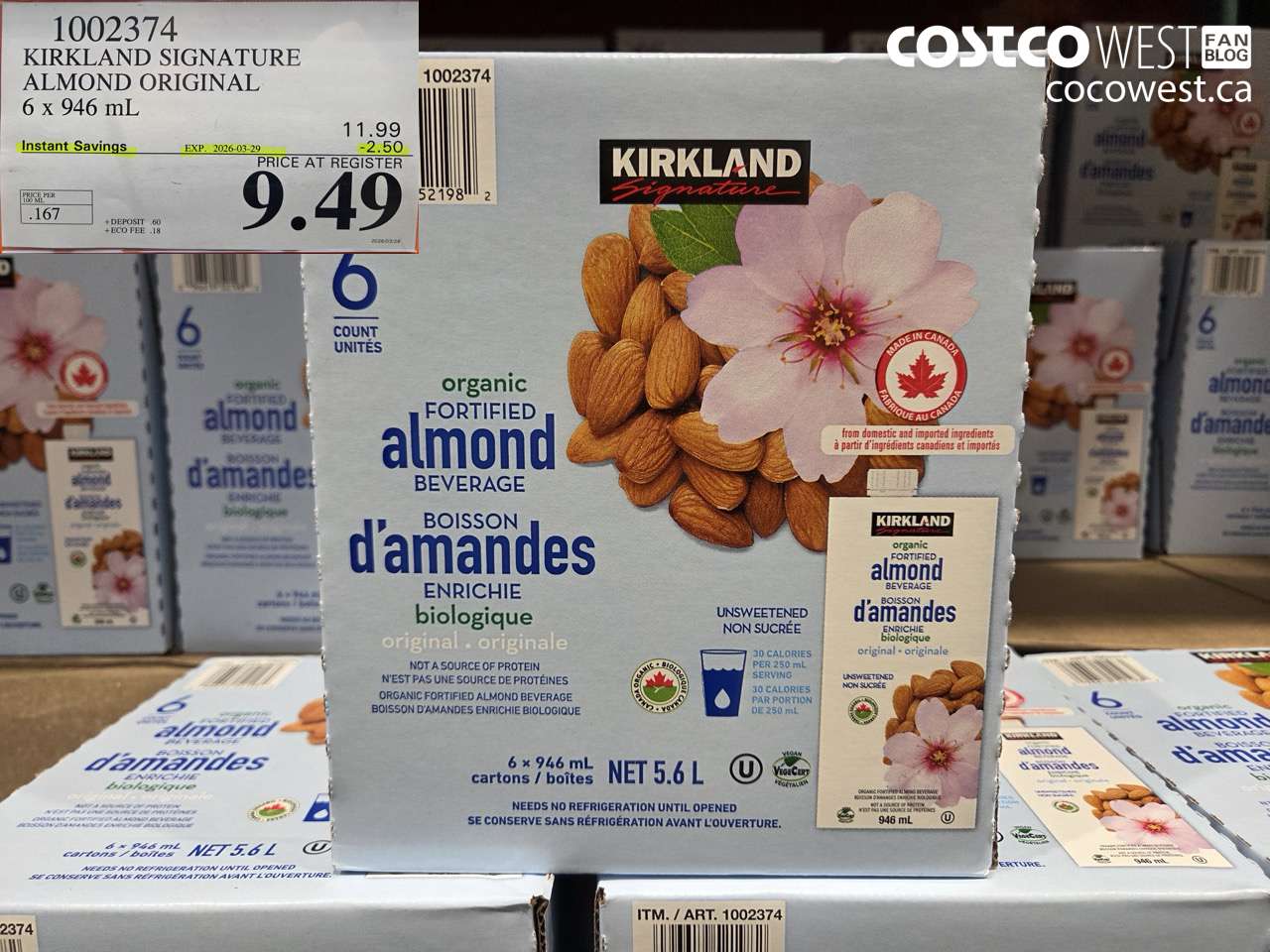 1002374 KIRKLAND SIGNATURE ALMOND ORIGINAL 6 X 946 ML ($2.50 INSTANT SAVINGS EXPIRES ON 2026-03-29) $9.49