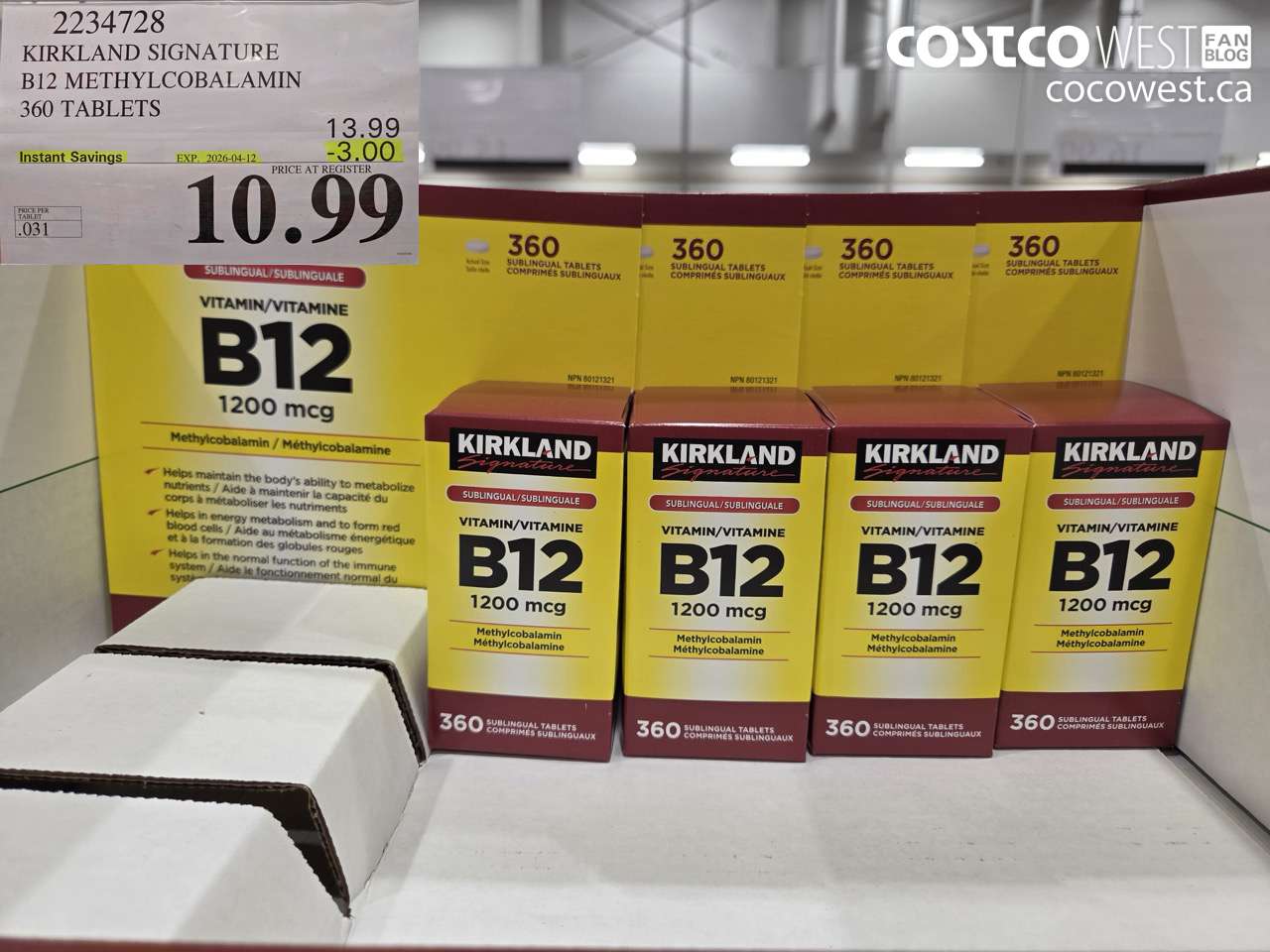 2234728 KIRKLAND SIGNATURE B12 METHYLCOBALAMIN 360 TABLETS ($3.00 INSTANT SAVINGS EXPIRES ON 2026-04-12) $10.99