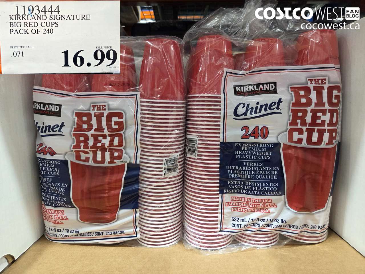 1193444 KIRKLAND SIGNATURE BIG RED CUPS PACK OF 240 $16.99