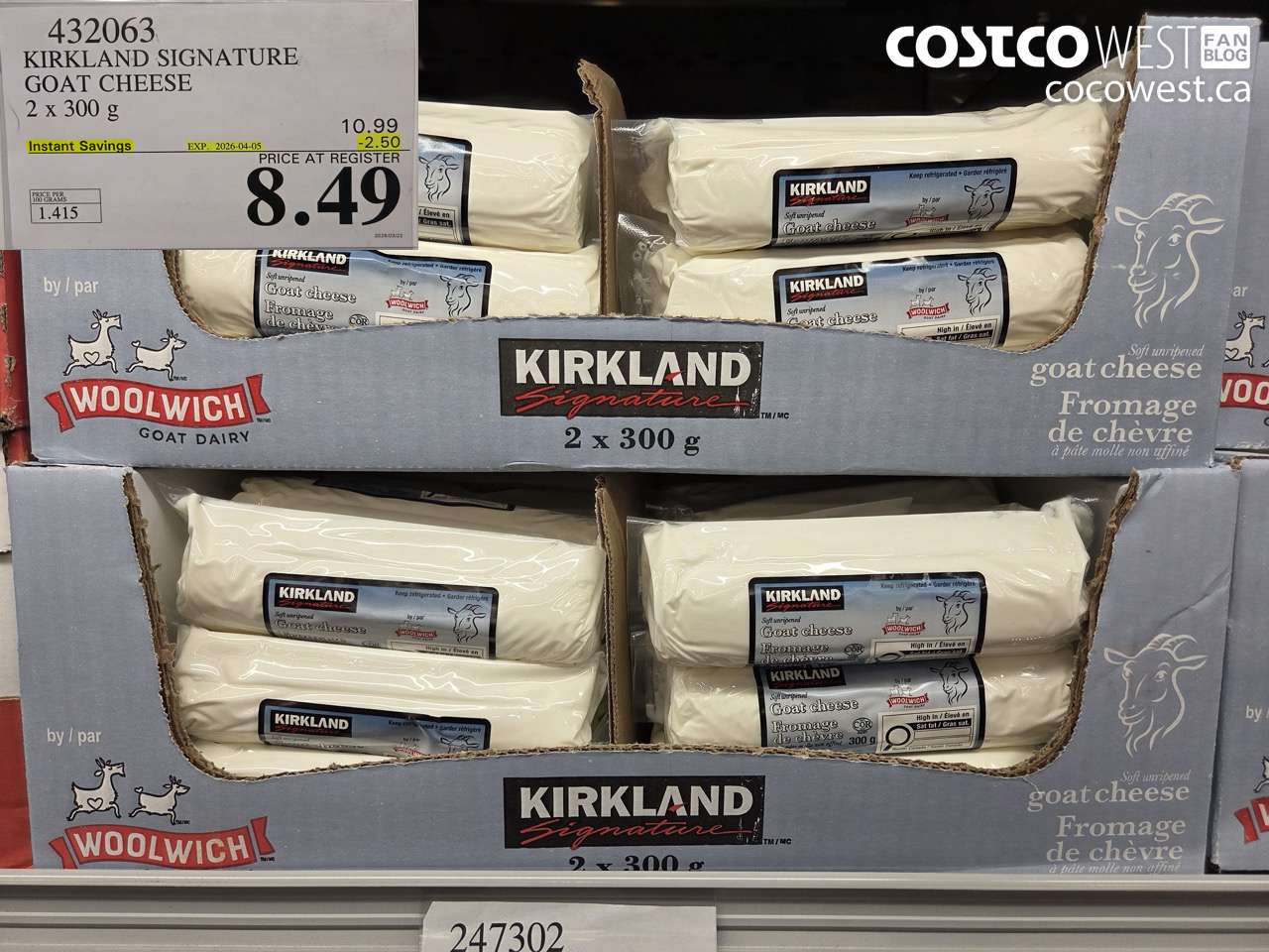 432063 KIRKLAND SIGNATURE GOAT CHEESE 2 X 300G ($2.50 INSTANT SAVINGS EXPIRES ON 2026-04-05) $8.49