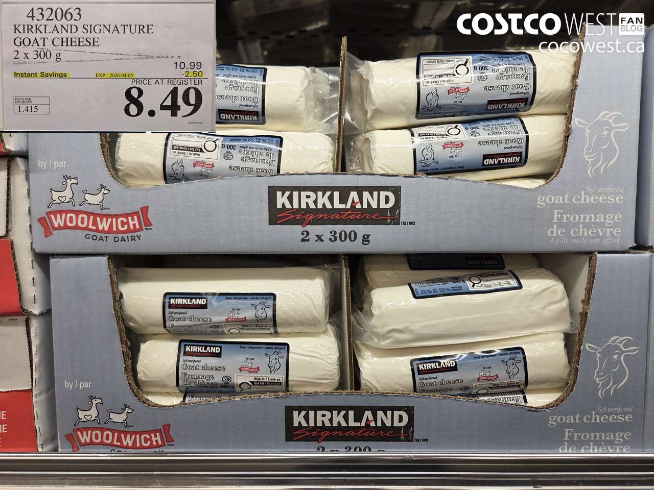 432063 KIRKLAND SIGNATURE GOAT CHEESE 2 X 300G ($2.50 INSTANT SAVINGS EXPIRES ON 2026-04-05) $8.49